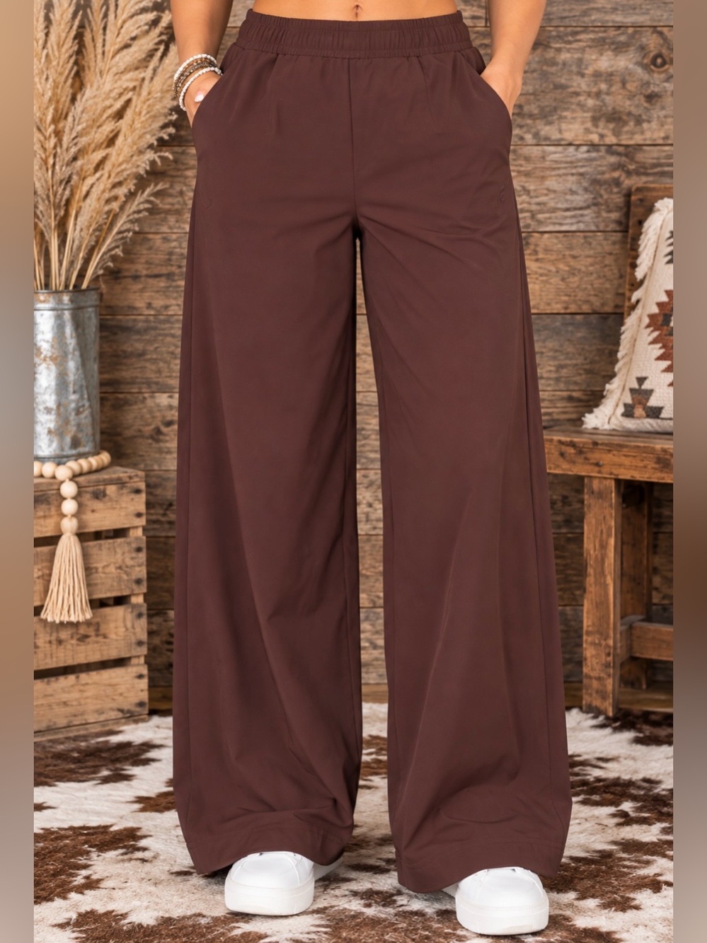 Fabletics Wide-Leg Pull-On Pants in Chocolate